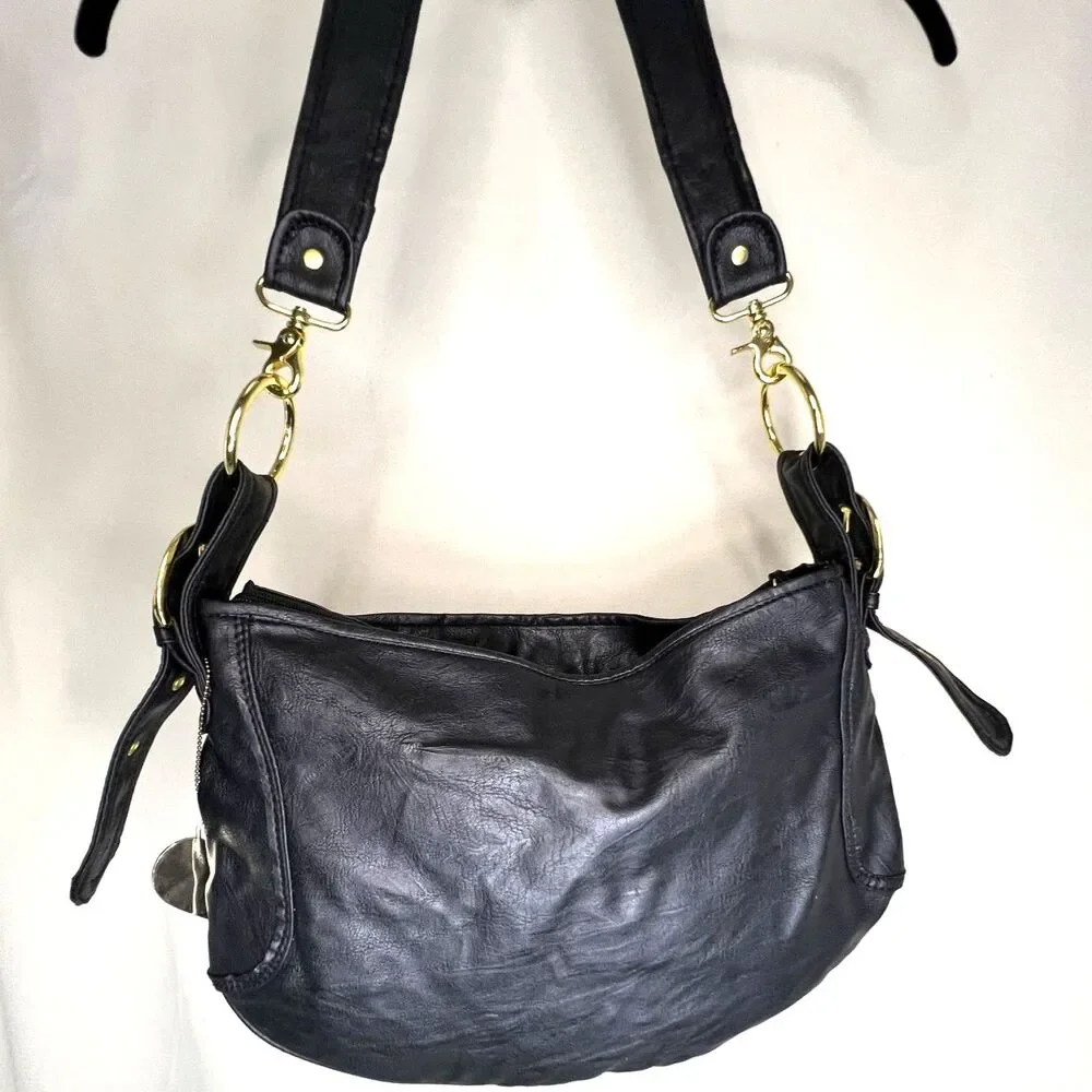 bebe NWT Woven Faux Leather Snake Print Shoulder Hobo Bag Black Gold Charm Y2K